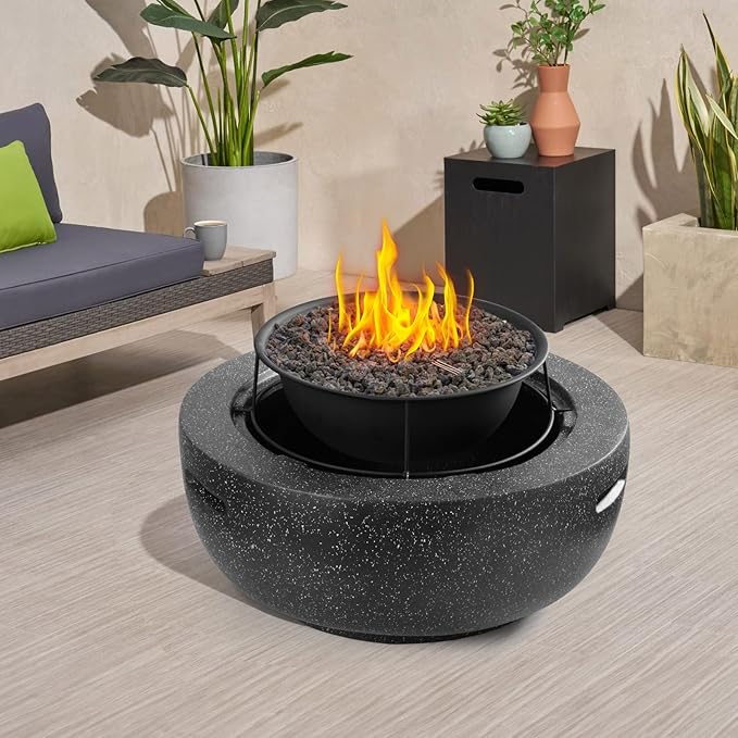 Outdoor Round Fire Pit 23.5” Faux Concrete Burning Firepit Portable Charcoal Grill for Patio Garden Backyard Barbecue, with Spark Screen, Firebowl, Poker, Stainless Steel Rack