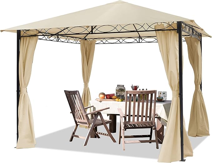 TOOLPORT Gazebo 10X10 Ft Approx. 5.31 Oz/Yd² Strong Polyester Fabric Pavilion with 4 Curtains