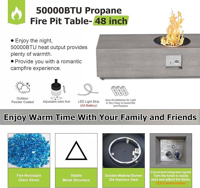 Dineli 2-Piece Outdoor Propane Fire Pit Table Set w Tank Table 48'' Rectangular Firepit Gas Fire Pits for Outside Patio Tabletop Fire Pits w LED, 50,000 BTU (Gray with RGB Light)