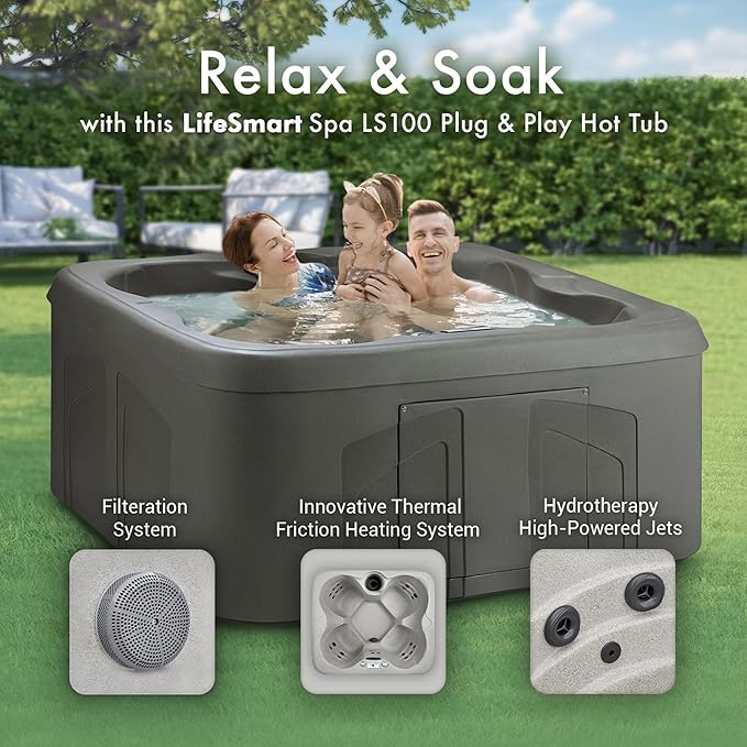LifeSmart 4-Person Hot Tub – Outdoor Spa with 13 Jets, LED Lights, Cover & Side Step – Taupe-Colored Above-Ground Spa for Home Use
