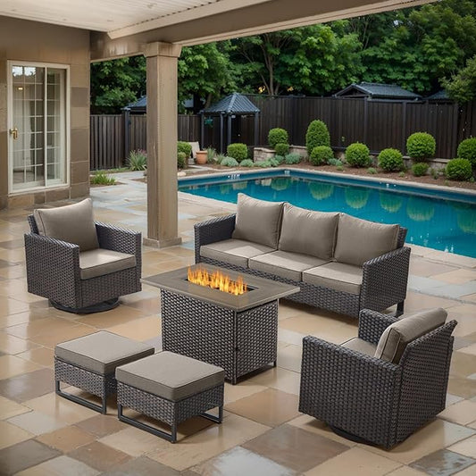 6 Piece Wicker Patio Furniture with Fire Pit Table - Outdoor Conversation Set with 50,000 BTU Fire Pit, All Weather Rattan Patio Set for Deck Backyard Garden - Brown Wicker Grey Cushion