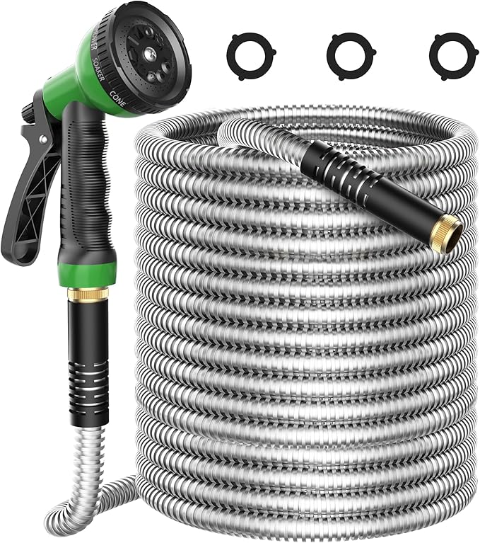 Metal Garden Hose 50ft, Stainless Steel Water Hose Leak-Proof w/10 Function Sprayer Nozzle, 5/8" Flexible Garden Hoses, Long-Lasting, Lightweight, No-Kink Water Hose, for Yard and Lawn