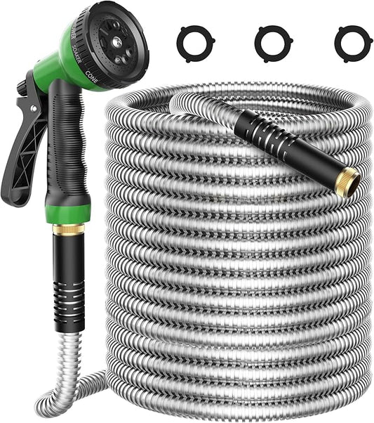 Metal Garden Hose 50ft, Stainless Steel Water Hose Leak-Proof w/10 Function Sprayer Nozzle, 5/8" Flexible Garden Hoses, Long-Lasting, Lightweight, No-Kink Water Hose, for Yard and Lawn
