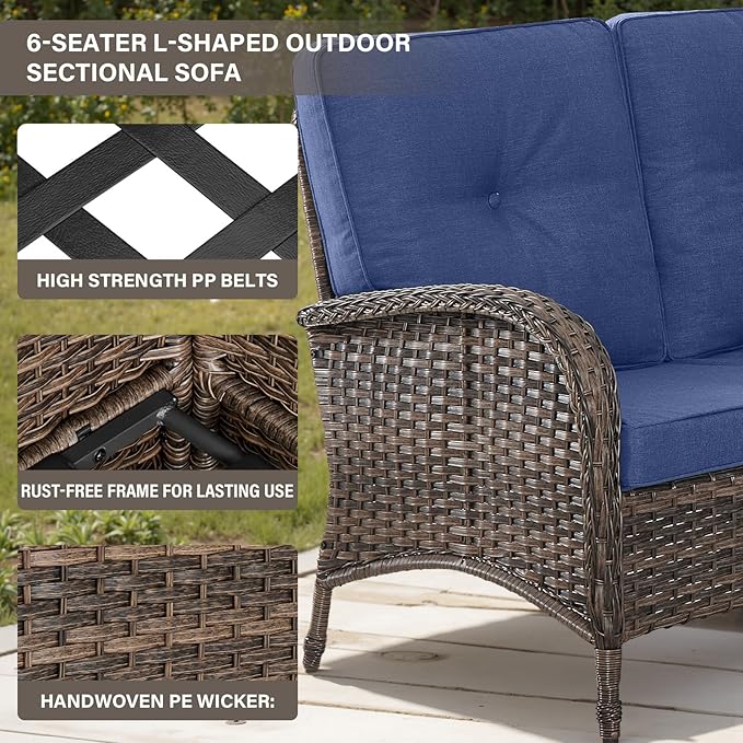 Belord 8 Pieces Patio Conversation Set with 43” Propane Fire Pit Table, Outdoor Sectional Furniture Sofa Set with Removable Cushions for Patio Deck Backyard Brown