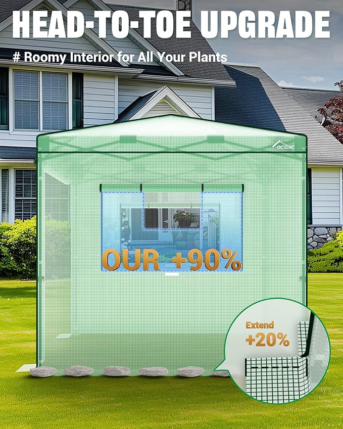 8x8 Instant Pop up Greenhouses, Indoor Outdoor Portable Greenhouse Walk-in for All Season, Small Green House with Roll-Up Zipper Doors and Side Windows, 4 Sandbags, Pe Cover, Green/Clear
