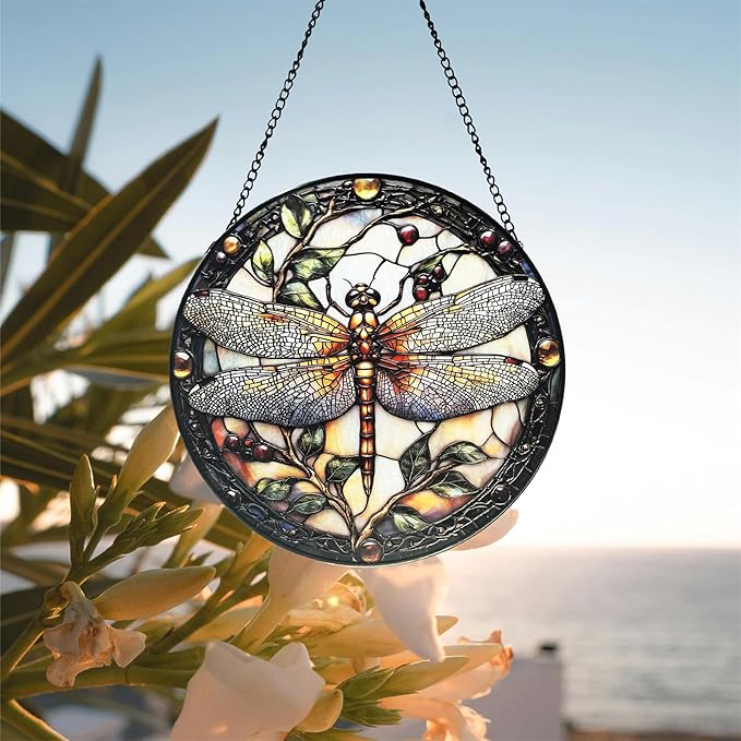Stained Glass Sun Catcher,A Dragon-flyStained Glass Window Hanging Garden Decor,Sun Catchers Indoor Window,Whimsical Decoration for Home Backyard Patio Lawn Porch with 7.9 INCH