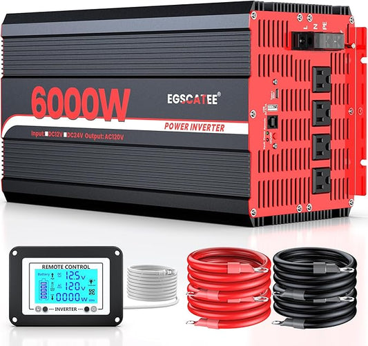 6000W Power Inverter 12V DC to 120V AC Converter for Truck, Home, RV, Peak 12000W Off-Grid Solar Power Inverter with 4 AC Outlets, USB Port,Type-C Port, Remote Controller with LCD Screen