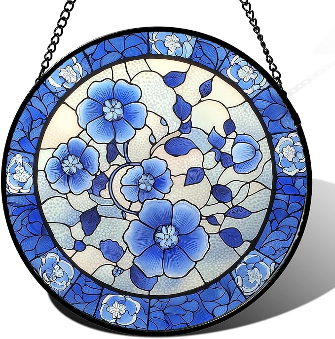 AMDERVEN Stained Glass Window Hanging, Blue and White Plum Blossom Sun Catcher for Door Home Decor Flowers Suncatcher Christmas Mother's Day Birthday Gifts for Women Men Mom and Nana 9.8 in