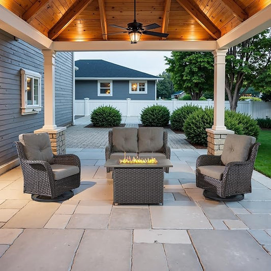 Belord 4 Piece Patio Furniture Set with Fire Pit Table - 41inch 50000 BTU Propane Fire Pit Table with High Back Loveseat Glider Chair and 2 Swivel Rocker Chair for Casual Gathering