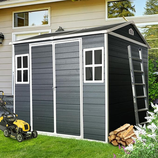 8x6 ft Outdoor Resin Storage Shed with Floor, Waterproof Plastic Garden Shed with Lockable Door and Two Windows, All-Weather Tool Sheds for Backyard, Patio, Lawn (Black)