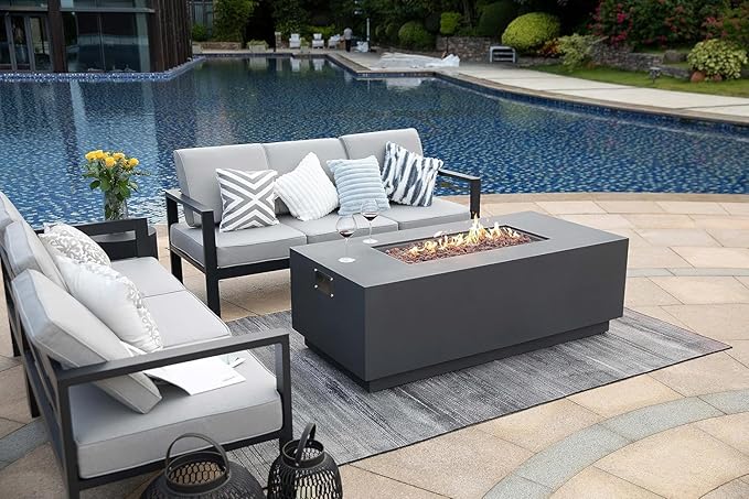 AMS Fireplace Sedona Fire Table Dark Gray Liquid Propane Gas Pit Table for Outside Patio Bundle with Wind Guard, and SS Burner Lid | Free Rubber Mat & Ice Bucket