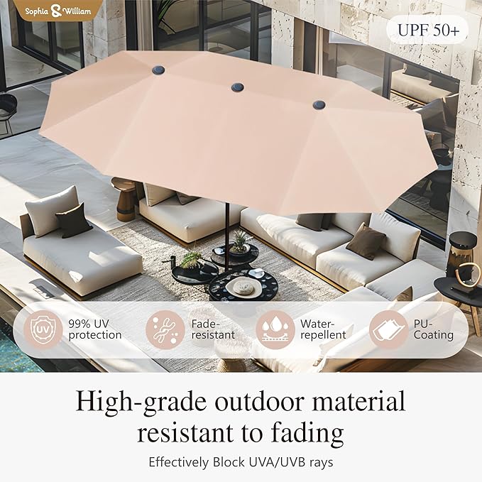 Sophia & William 7 Pieces Patio Dining Set with 13ft Beige Umbrella, Folding Outdoor Dining Chairs for 6, Rectangular Metal Patio Table and Sling Chairs Set, Blue