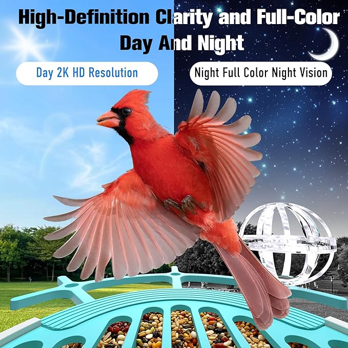 Voxblend Bird Feeder with Camera 3W Solar Powered Panel: Smart Bird Feeder for Outdoors with AI Birds Identify Auto Capture, 2K Live Video, Instant Arrival Alert, Ideal Gift for Parents (Blue)