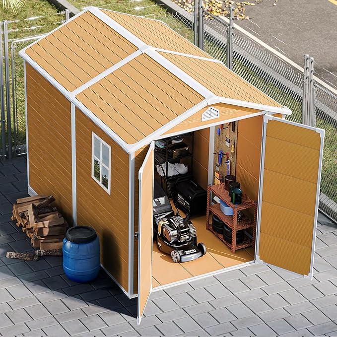8X6 FT Resin Outdoor Storage Shed with Floor,Water Drainge Roof Plastic Sheds with Windows and Lockable Doors,Thickened Panel All-Weather Resistant Tool Storage Shed for Garden Backyard Patio, Brown