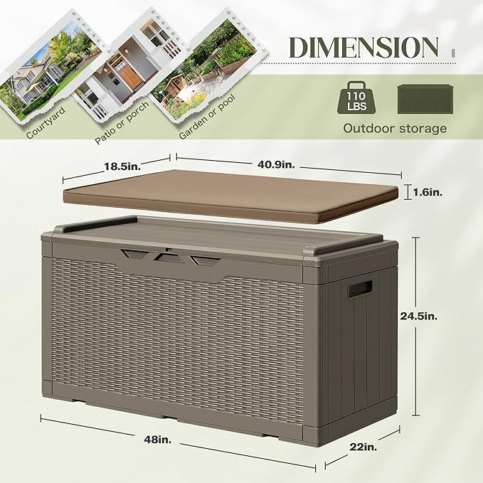 Greesum 100 Gallon Resin Deck Box Large Outdoor Storage with Cushions for Patio Furniture, Garden Tools, Pool Supplies, Weatherproof and UV Resistant, Lockable, Light Coffee