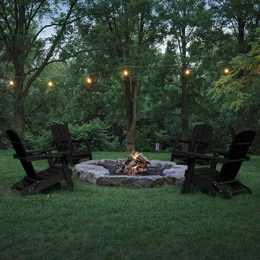 Folding Adirondack Chair, HDPE All-Weather Fire Pit Chairs, Plastic Adirondack Chairs with 2 Cup Holder, Outdoor Lawn Chair for Patio Garden (Black)