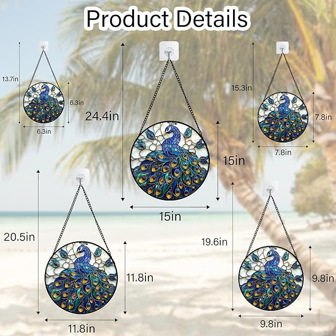 AMDERVEN Stained Glass Window Hanging - Peacock Blue Gold Feathers Sun Catcher for Door Garden Home Decor Bird Suncatcher Christmas Mother's Day Birthday Gifts for Women Men Mom Nana 11.8 in