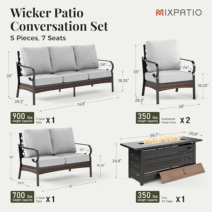 Patio Furniture Set with Firepit Table, Black Frame Outdoor Conversation Set with 2 x Fixed Chairs, 1 x 2-Seat Sofa, 1 x 3-Seat Sofa for Lawn Garden Backyard, Light Grey