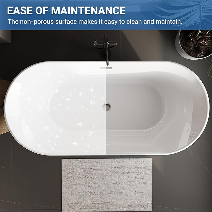 67" Free Standing Tub, Acrylic Soaking Bathtub, Stand Alone Freestanding Tub with Matte Sliver Drain and Overflow, Contemporary Bathtub for Bathroom, Grey