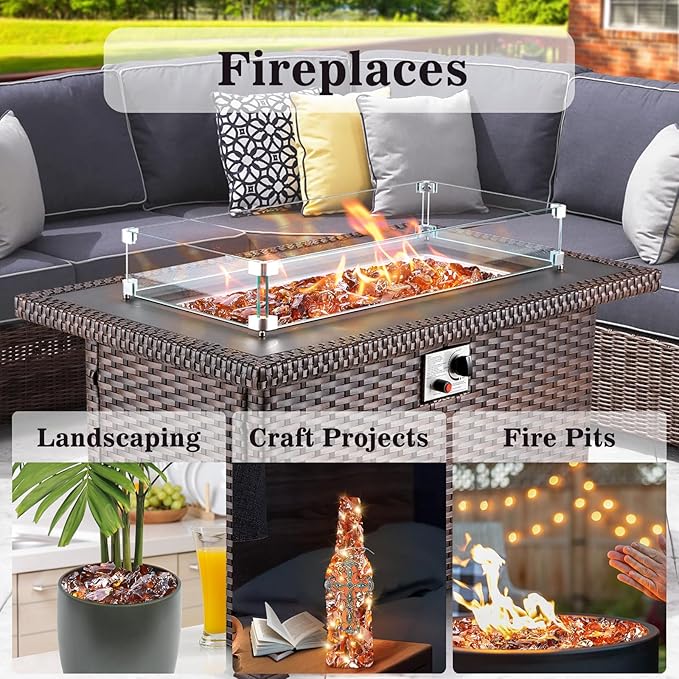 GRISUN Amber Fire Glass for Fire Pit - 1/2 Inch Tempered Glass Rocks for Natural or Propane Fireplace, Safe for Outdoors and Indoors Firepit Glass, 10 Pounds