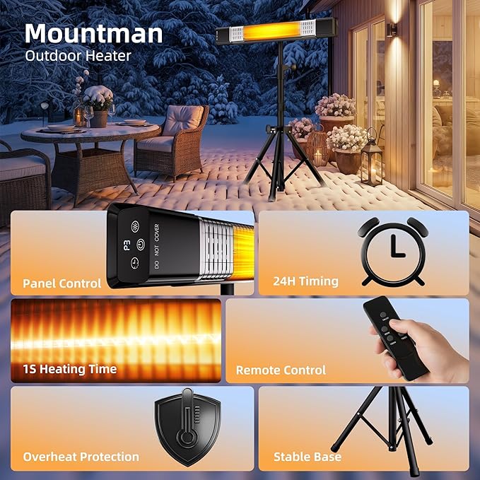 1500W Patio Heater,Outdoor Heater,with Remote, 24H Timer,3 Heat Levels,Waterproof,Overheat Protection,Wall Mounted/Tripod Electric Infrared Heaters for Garage, Backyard,Basement, Balcony,Porch