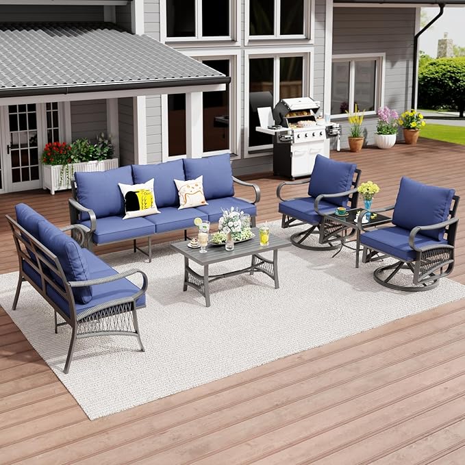 6 Piece Patio Furniture Set, 2 Single Swivel Chairs, Rope Braided Exposed with Thick Cushions, Outdoor All Weather Patio Conversation Sectional Sofa Set for Garden, Porch, Lawn, Blue
