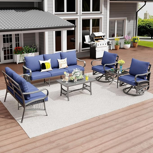 6 Piece Patio Furniture Set, 2 Single Swivel Chairs, Rope Braided Exposed with Thick Cushions, Outdoor All Weather Patio Conversation Sectional Sofa Set for Garden, Porch, Lawn, Blue
