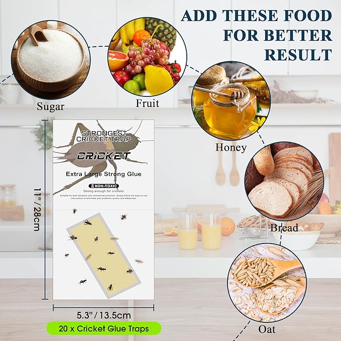 Qualirey Giant Cricket Glue Traps 20Pcs(Tear Into 40Pcs), Non Toxic Adhesive Cricket Catcher Indoor Insect Extra Sticky Trap, for Most Crawling Insects, Spider, Scorpion, Centipede, 11’’ x 5.3’’