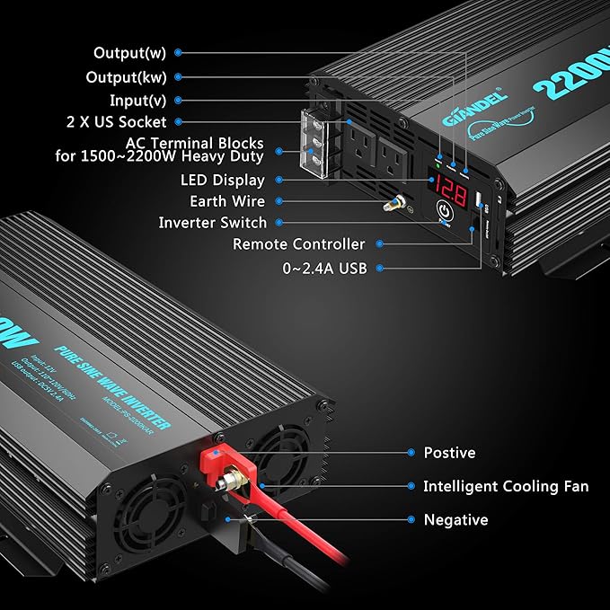 GIANDEL Pure Sine Wave Power Inverter 2200Watt ETL UL458 Listed DC 12V to 120 Vac with 20 Amps Hardwire Blocks & 15FT Wired Remote for RVs Truck Boat Off Grid Solar Emergency【3 YRS Warranty】
