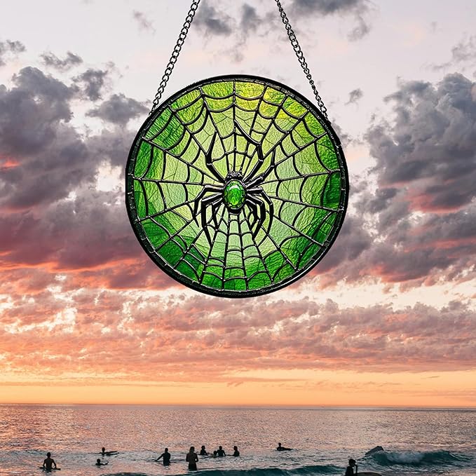 CRISGIF Stained Glass Window Hanging - Black Green Horror Spider Web Suncatcher for Doors Garden Patio Sun Catchers Decor Christmas Halloween Birthday Gifts for Women Men Mom Nana Friend 11.8 in