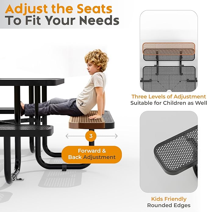 OUTTANS Metal Picnic Tables for Outdoors with Umbrella Hole - Coated Steel Heavy Duty Commercial Grade Furniture with Adjustable Seats (Black, 46 in, Square, Punched Steel)