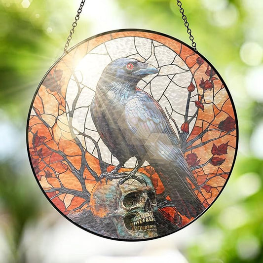 FLAGWIX Halloween Decorations Indoor - Stained Glass Window Hanging 8 in - Gothic Raven Skull Sun Catcher, Crow Halloween Decor, Black Crows Sun Catchers Indoor Window, Fall Decorations for Home