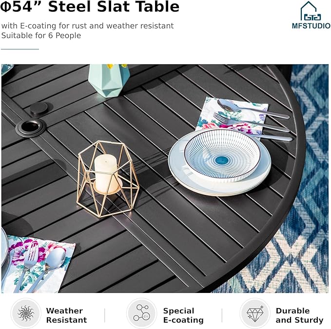 MFSTUDIO Patio Table and Chairs Set of 6, Round Outdoor Dining Set with Umbrella Hole, 7 Piece Patio Dining Set for Deck, Backyard, Poolside & Garden