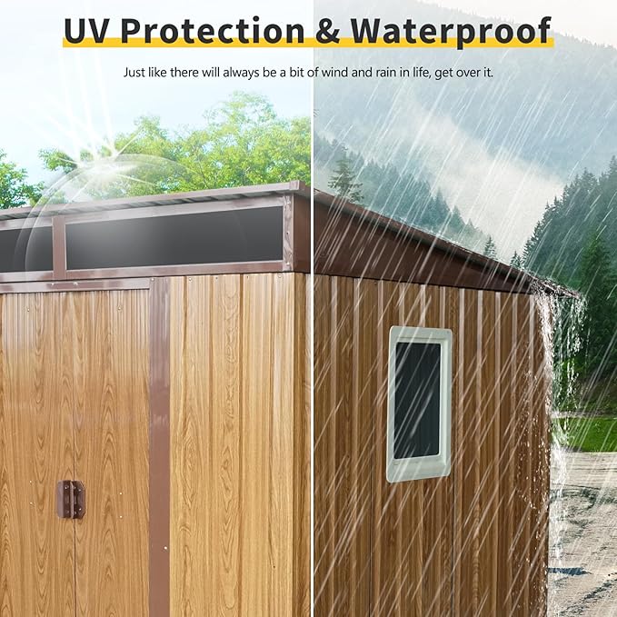 6X5 FT Outdoor Storage Shed, Waterproof Metal Garden Sheds with Lockable Door, Steel Tool Storage Buildings Shed & Outdoor Storage House for Garden, Backyard, Patio, Lawn, Trash Cans(Coffee)