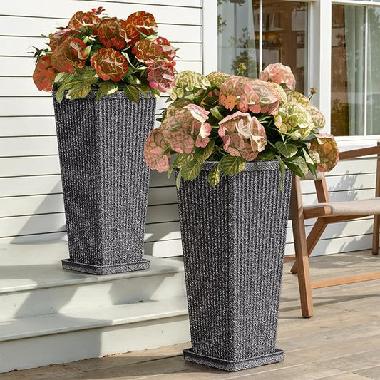 Square Tall Planters for Outdoor Plants Set of 2-23.6" Heavy-Duty Classic Tapered Indoor Flower Pots with Drainage Holes/Partition/Tray, Large Outdoor Planters for Porch Patio Garden, Grey