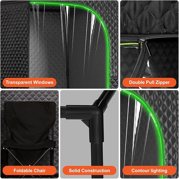 Portable Full-Body Steam Sauna Tent for Home – Large Indoor Personal Sauna with 15 Heat Levels, 3L Steamer, Remote, Foldable Chair and Transparent Window (Transparent Door, Black)
