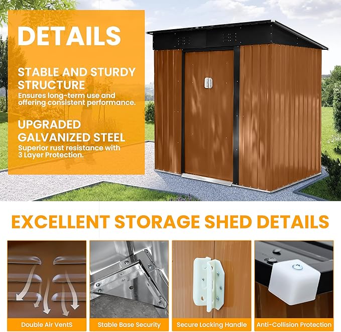 6x4 FT Outdoor Storage Shed Garden Shed Tool Shed with Lockable Door and Sloping Roof, Durable Metal Storage Shed for Backyard, Outside, Patio, Coffee