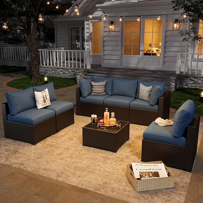Aoxun 10 Piece Patio Furniture Set Wicker Rattan Patio Sectional Sofa Set Outdoor Seating Furniture with Thickened Cushion, Navy Blue