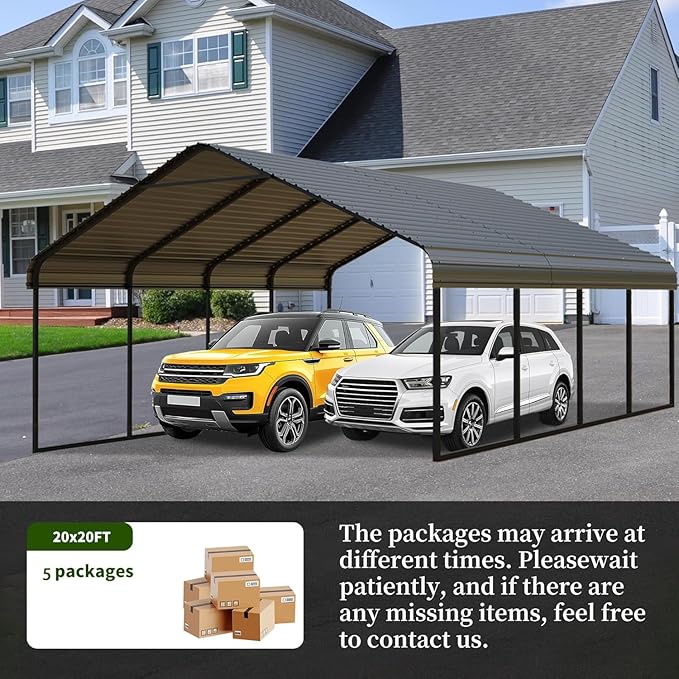 20x20 ft Metal Carport for Outdoor Garages Steel Heavy Duty Portable Garage with Large Tall Carports Canopy for Snow, Car Ports with Galvanized Steel Roof & Frame - Grey