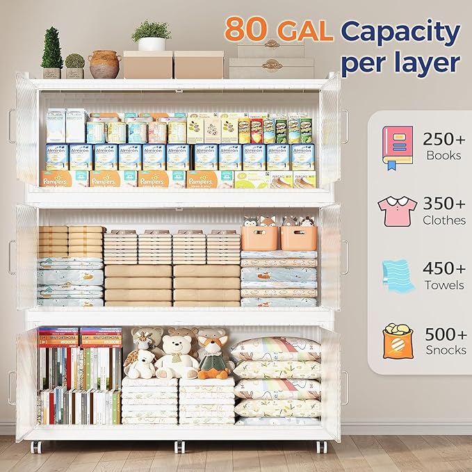 960QT Extra Large Storage Bins with Lid and Wheels, 240Gal Stackable Closet Organizers and Storage Cabinet, Collapsible Storage Box with Doors for Home Kitchen Office Dorm, 3Pack White Clear