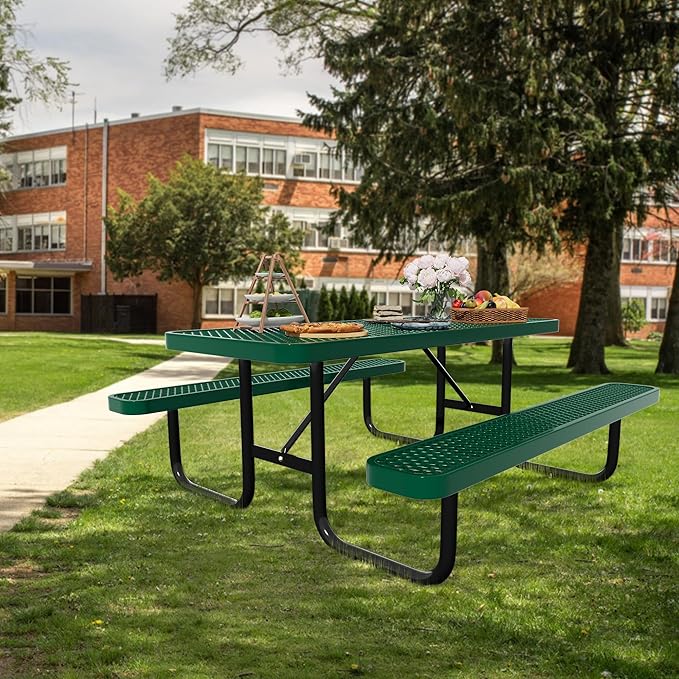 48'' Rectangular Steel Picnic Table for Outdoors,Commercial Metal Picnic Table Bench Set with Umbrella Hole,School Canteen Table W/Seats - Heavy Duty Sturdy Picnic Tables Furniture for Patio Garden