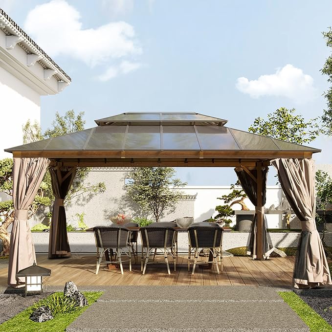Domi 12' X 16' Hardtop Gazebo with Polycarbonate Double Roof, Aluminum Frame, Curtains & Netting, All-Weather Backyard Shade Structure for Patio, Garden, Deck, and Lawn, Wood-Look Finish