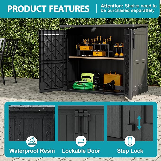 Horizontal Resin Storage Shed 36 Cu Ft with Lockable Doors, Portable Outdoor Storage Cabinet -Waterproof Outdoor Storage Box for Backyards, Easy to Assemble Black