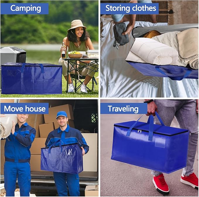 4 Pack Waterproof Moving Bags with Strong Zippers and Reinforced Handles, Real 100lb Capacity Extra Heavy Duty Large Storage Totes for Packing & Moving Storing, Alternative to Moving Boxes -95L,Blue