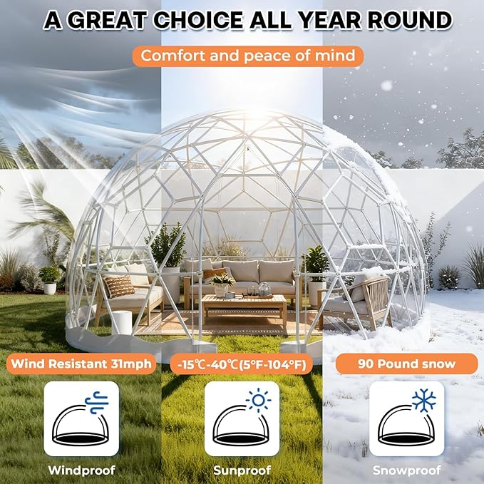 Garden Dome Tent 9.5*5.7FT, 360° View Geodesic Dome Greenhouse with PVC Clear Cover, Waterproof Garden Bubble Dome Tent House with 2 x 10M Light Strings for Outdoor, White