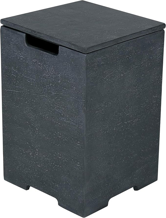 AMS Fireplace | Elementi Square Travertine Tall Dark Grey Propane Tank Cover | Marble Porcelain Top with Concrete GFRC Base | 15.9 × 15.9 × 24.9 inches | Suited For Positano Dark Grey Fire Pit Table