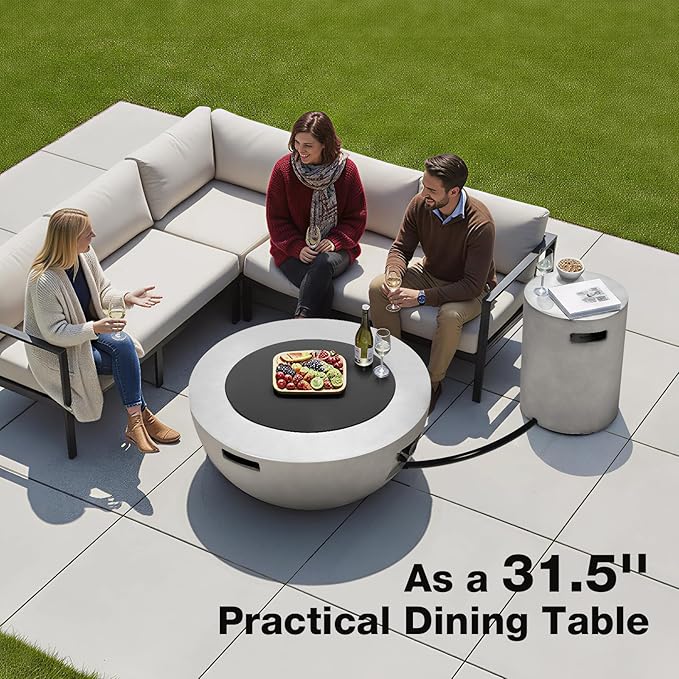 31.5inch Round Propane Fire Pit Table with Tank Cover Wind Guard, 3 Pieces Outdoor Natural Gas Firepit Set 50,000 BTU Concrete Fire Bowl for Outside Patio, Deck, Backyard, Garden, Gray
