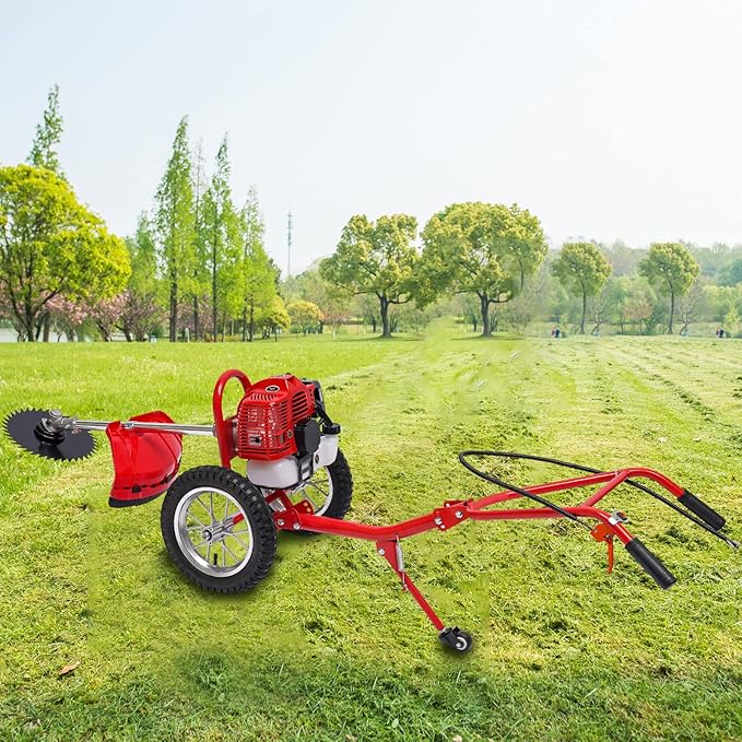 49CC 2 Stroke Walk-Behind Lawn Mower Brush Mower with Wheels 1.8Kw Gasoline Hand Push Grass Trimmer for Orchards Vegetable Fields Gardens Lawns, 3 Functions