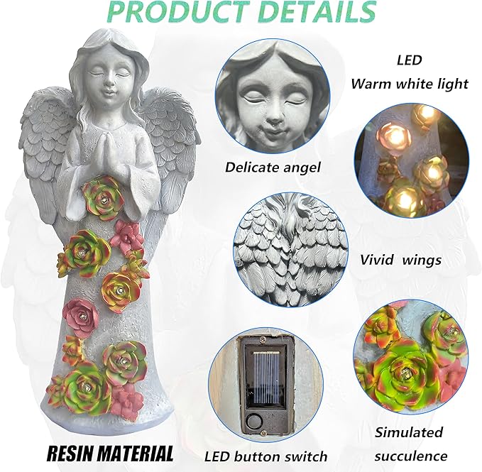 VIOYOUNS Angel Solar Garden Outdoor Statues with Succulent Plants and 6 LED Lights– Outside Solar Garden Decor Figurines -Remembrance & Sympathy Gifts Decorations