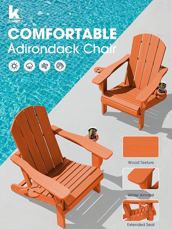 KINGYES Folding Adirondack Chair Set of 2, Dual Cup Holders & All-Weather HDPE, Wood-Like Patio Chair for Backyard, Camping, Pool & Fire Pit, Orange
